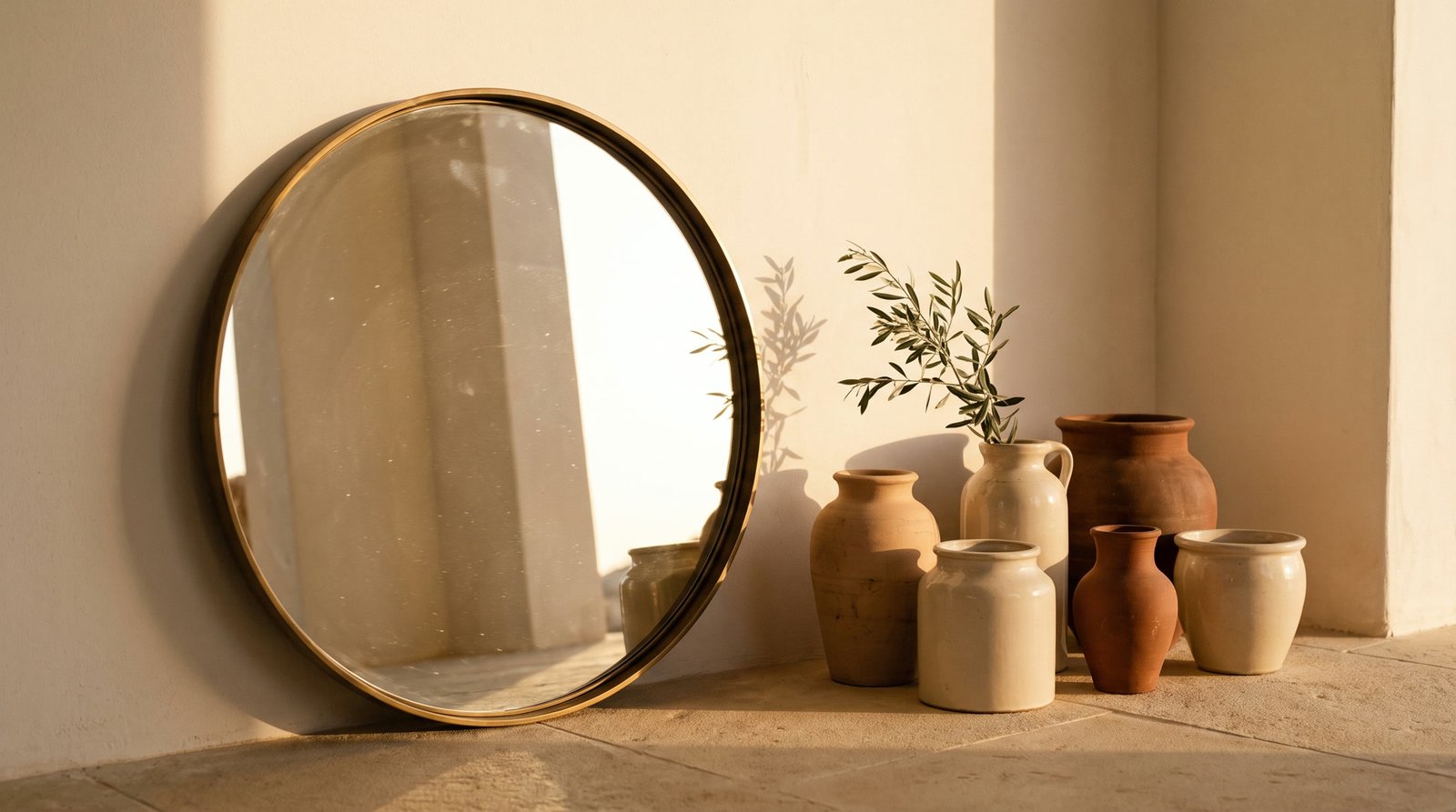 A round brass framed mirror leaning against a plaster wall beside terracotta pots