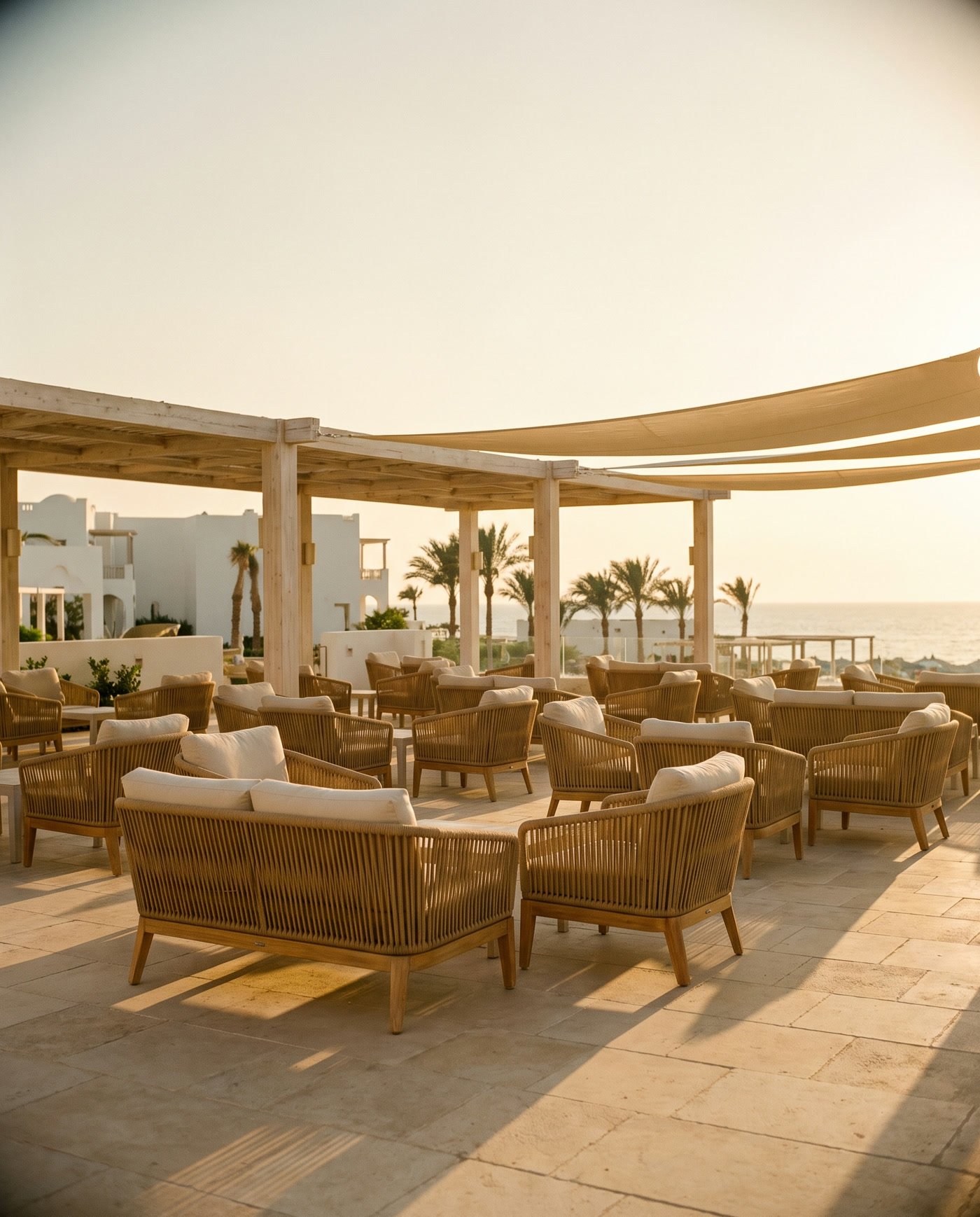 A wide hotel terrace furnished with matching rope weave seating