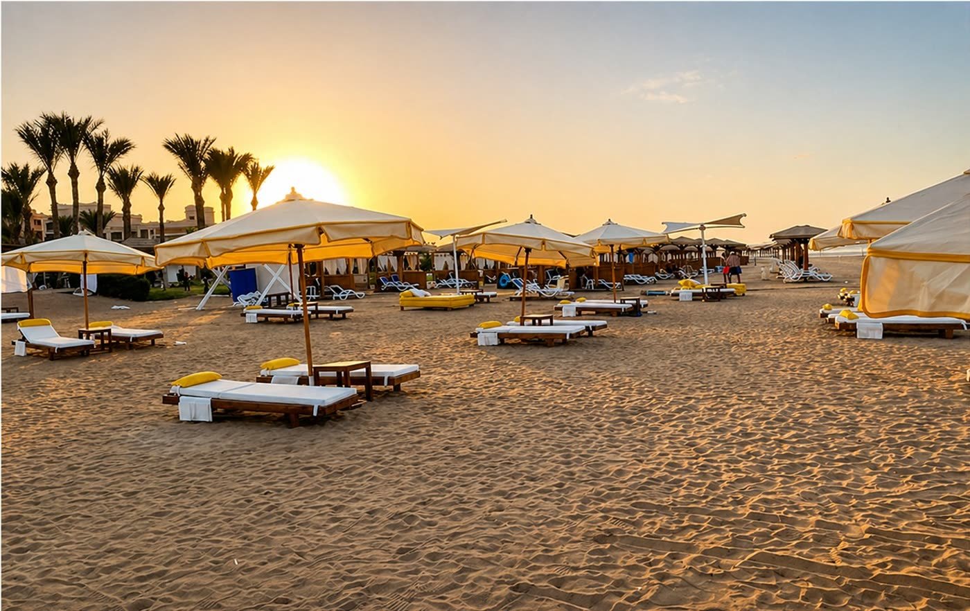 Beach loungers and cream parasols supplied by SAMRA to ILBAYOU, photographed at sunset